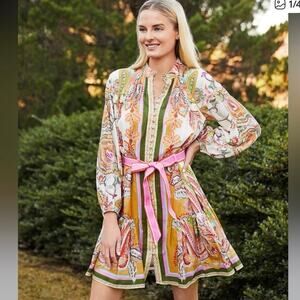 Antonio Melani Brynn Pink Scarf Floral Border Button Front Dress Size 8 NWT